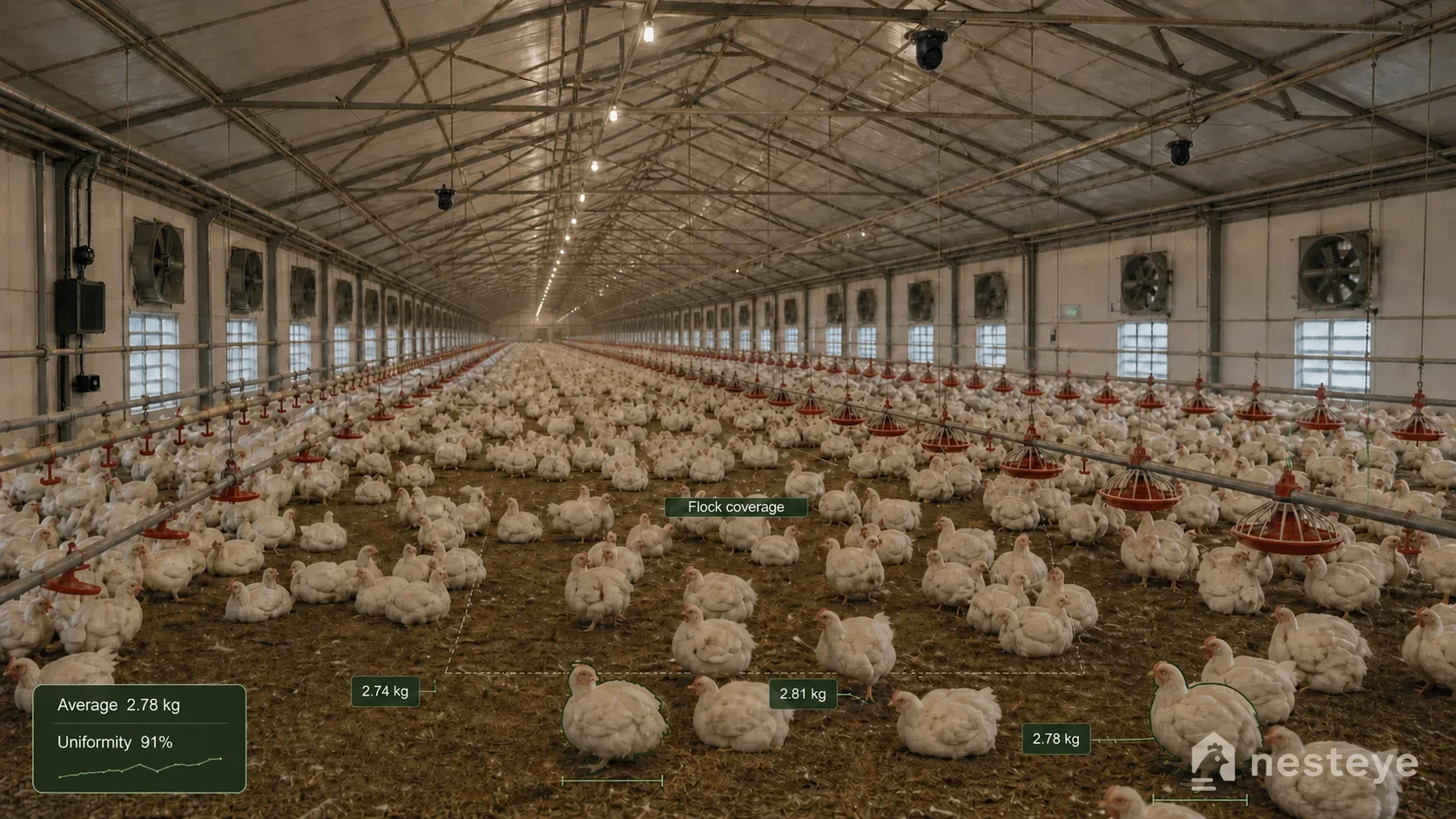 nesteye monitoring hardware installed and operating inside a commercial broiler barn